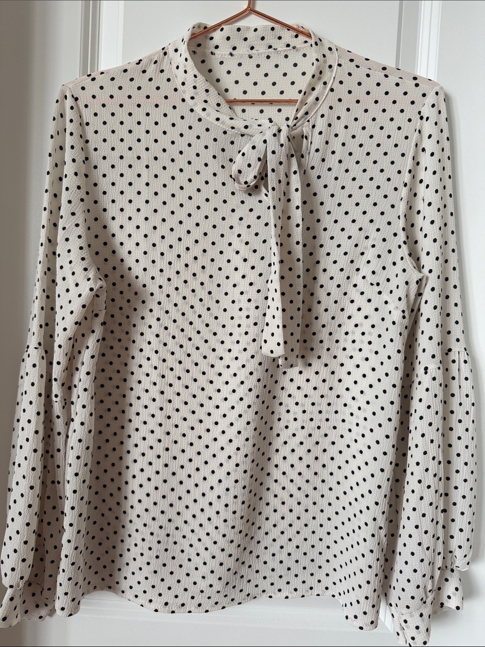 La Femme Cream Polka Dot Tie-Neck Blouse